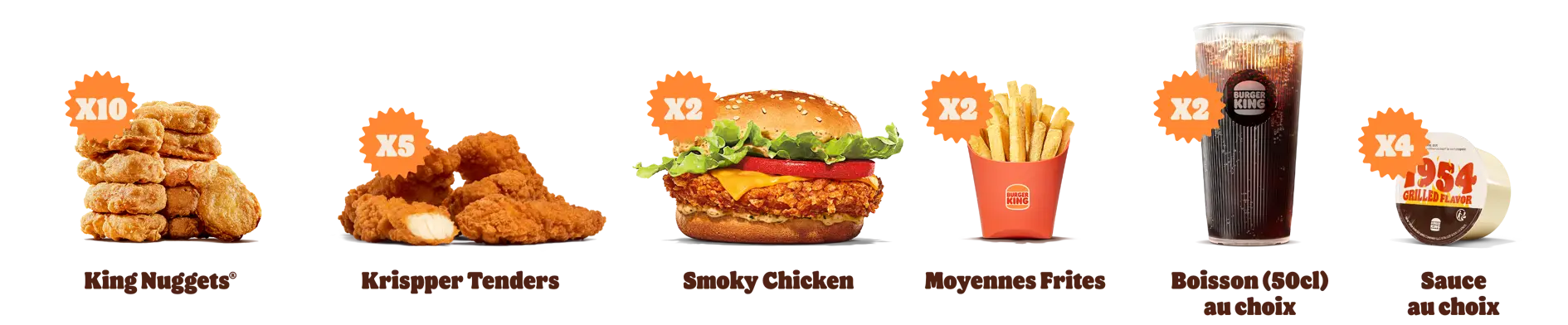 5 tenders, 10 nuggets, 2 Smoky Chicken, 2 frites moyennes, 2 boissons moyennes, 4 sauces