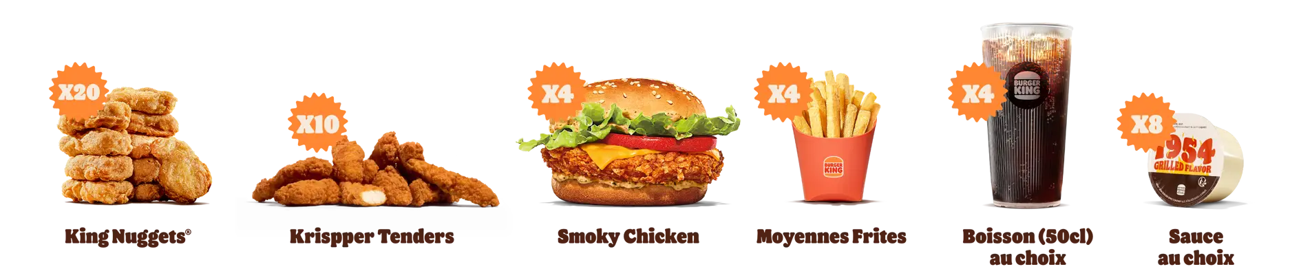 10 tenders, 20 nuggets, 4 Smoky Chicken, 4 frites moyennes, 4 boissons moyennes et 8 sauces