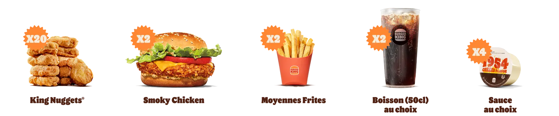 20 nuggets, 2 Smoky Chicken, 2 frites moyennes, 2 boissons moyennes, 4 sauces